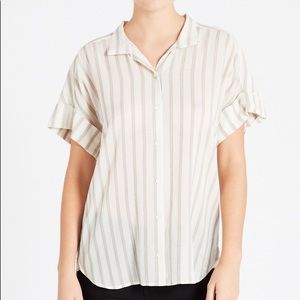 FRAME Clean Collar Linen Off White Multi Blue Striped Short Sleeve Button Down